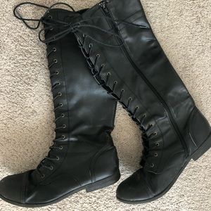 Lace Up Leather Mid-Calf Boots